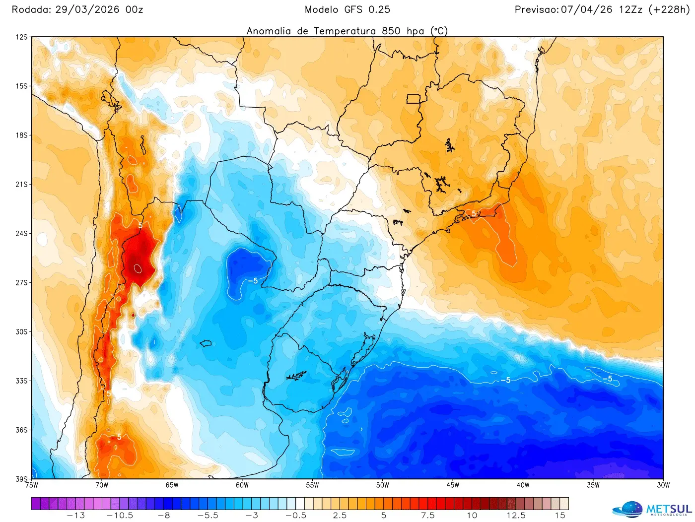 Mapa mostra massa de ar frio