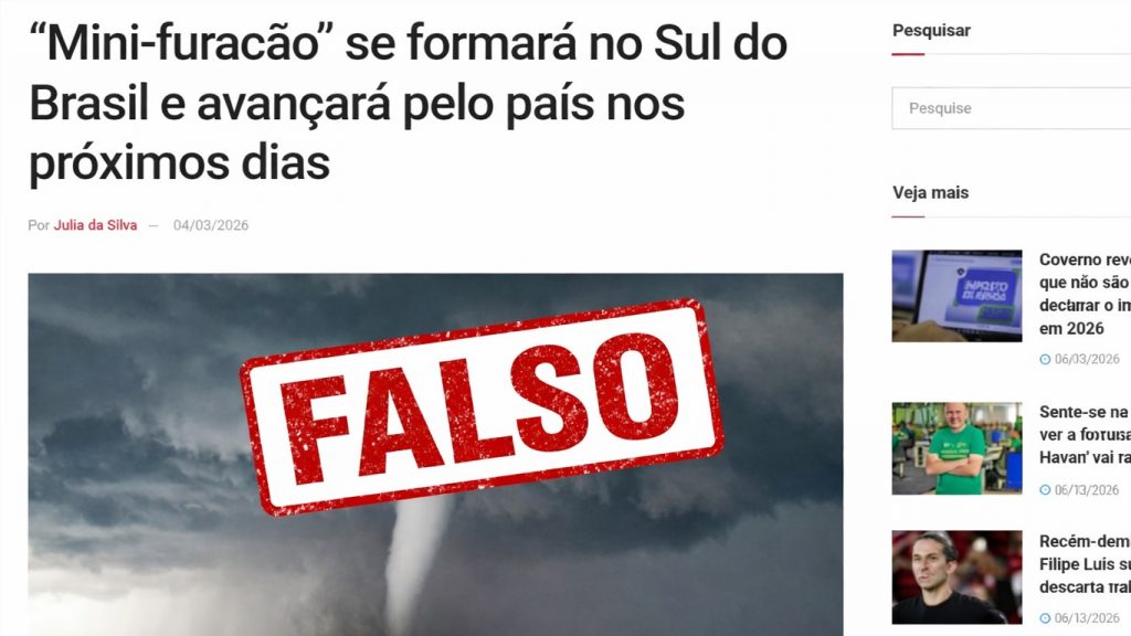 Verificamos: é mentira grosseira que “mini-furacão” se formará no Brasil