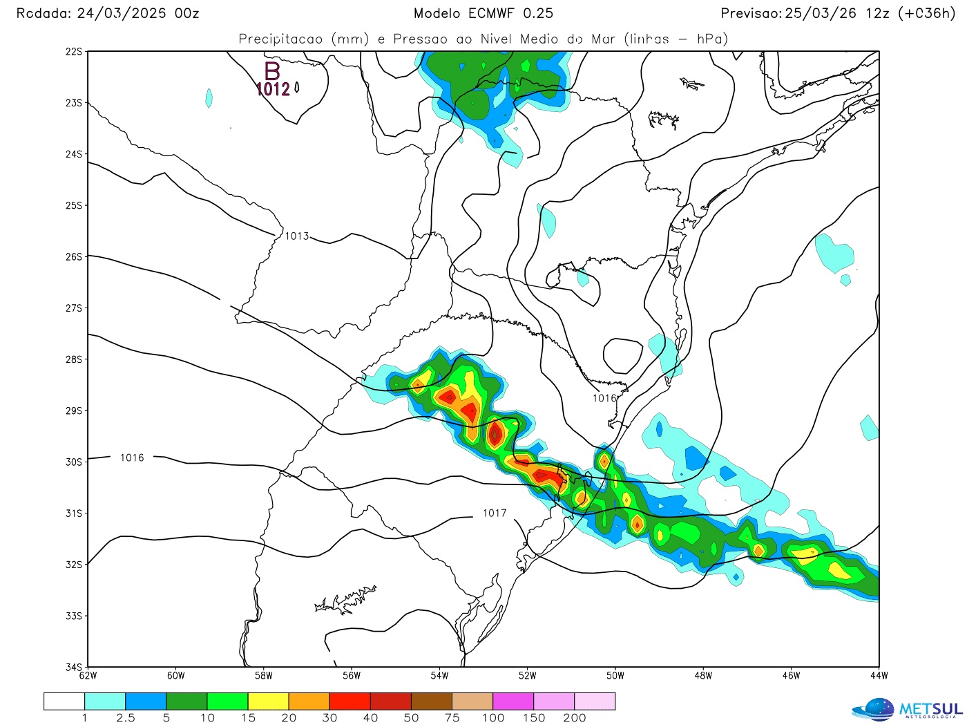 Mapa de chuva nesta quarta-feira no Sul do Brasil