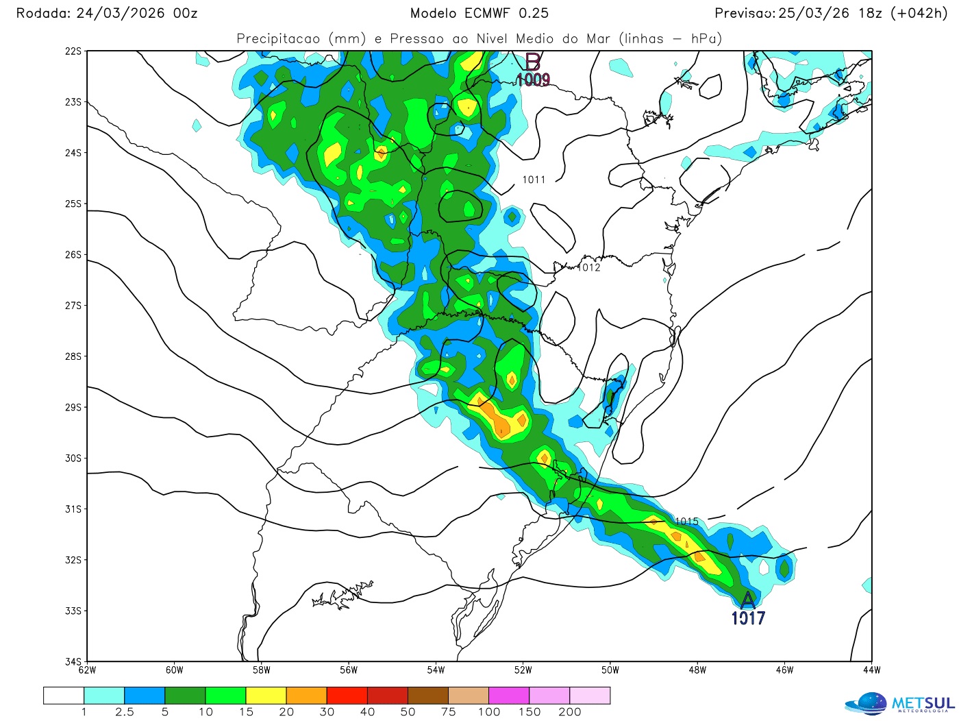 Mapa de chuva nesta quarta-feira no Sul do Brasil