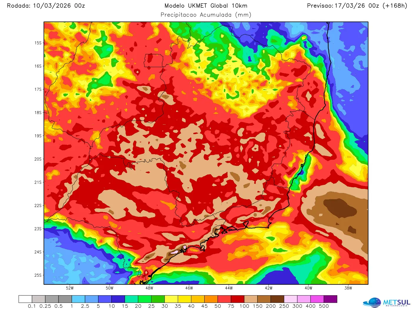 Mapa de chuva no Sudeste do Brasil