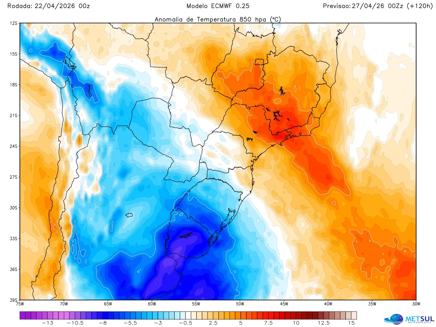 Mapa mostra massa de ar frio chegando ao Sul do Brasil