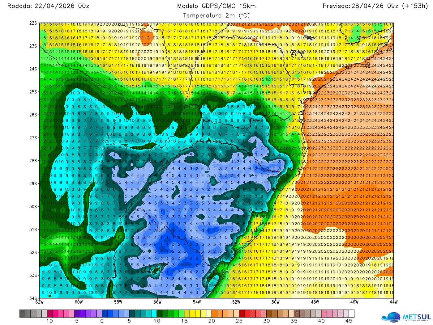 Mapa de temperatura com a massa de ar frio