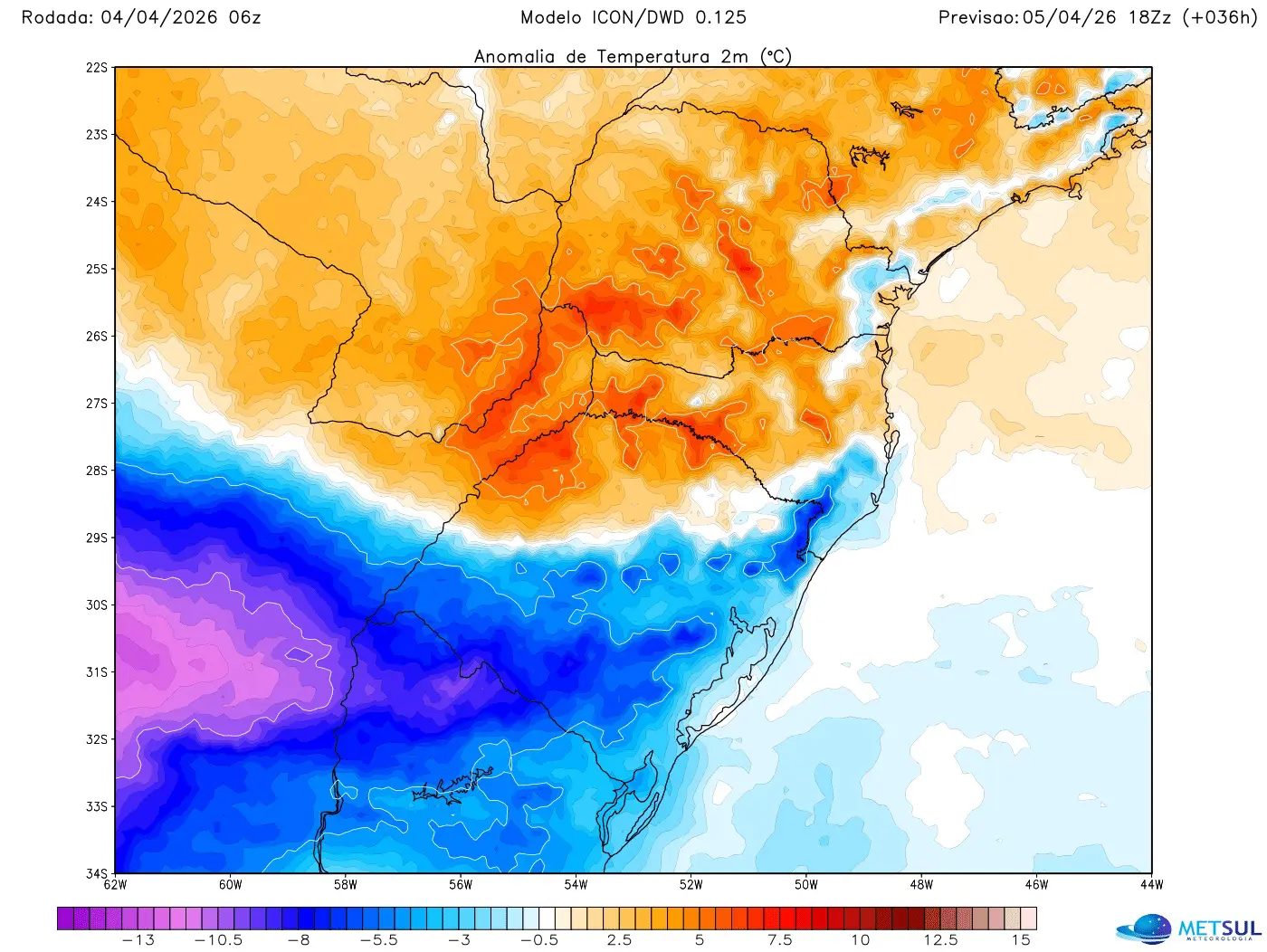 Mapa mostra que temperatura vai estar mais baixa em parte do Rio Grande do Sul neste domingo