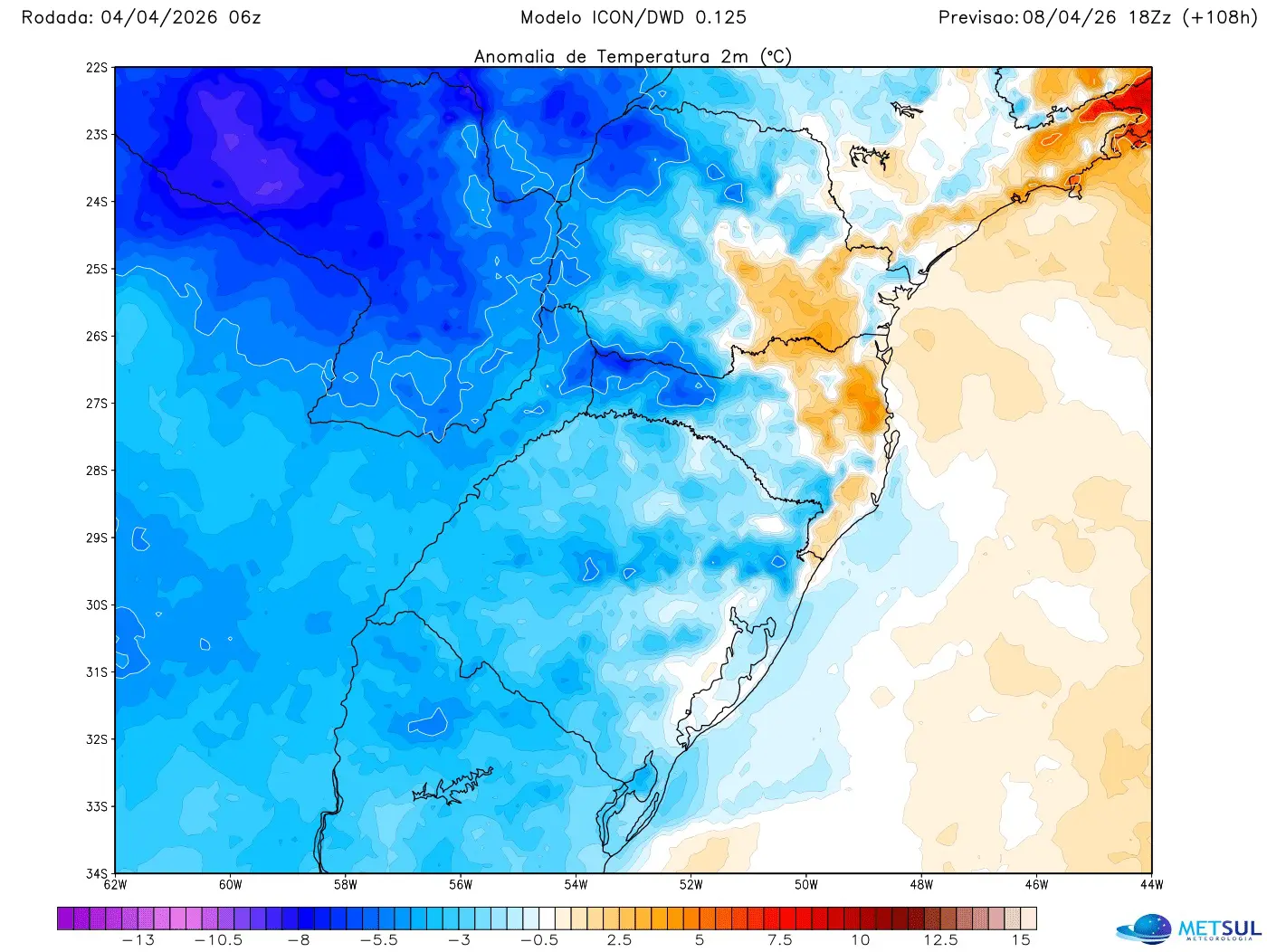 Mapa mostra que temperatura estará mais baixa de forma generalizada na quarta