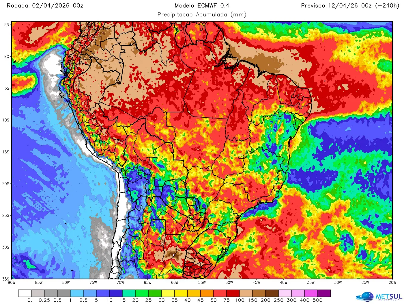 Mapa mostra chuva no Brasil nos próximos dez dias