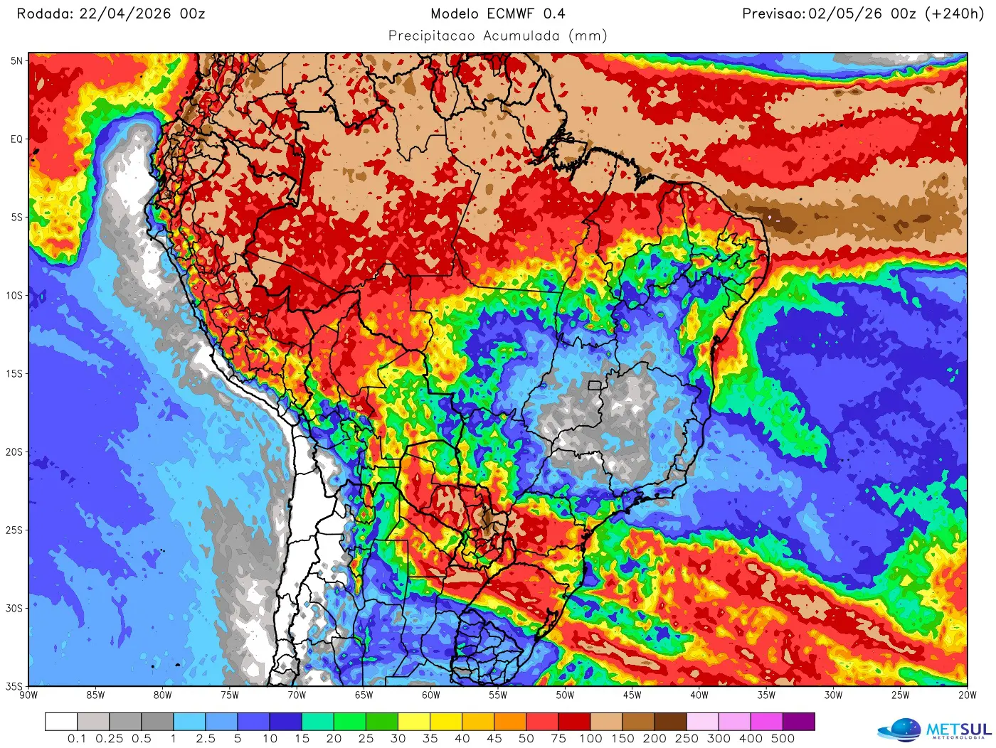 Mapa de chuva no Brasil nos próximos dez dias