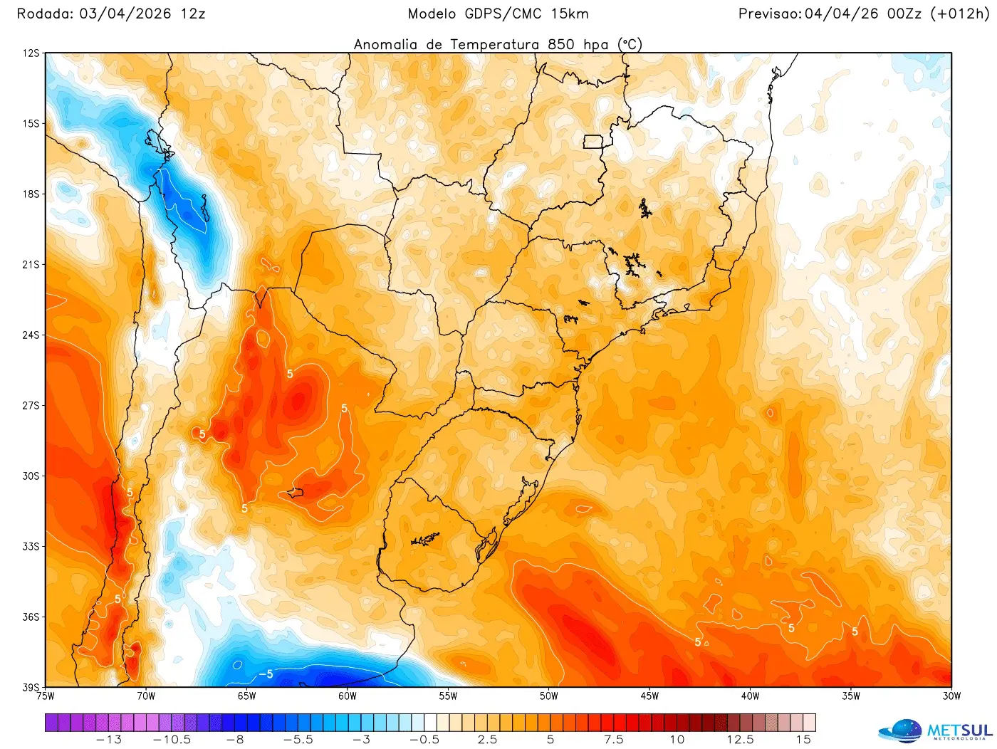 Mapa mostra o calor no Centro-Sul do Brasil