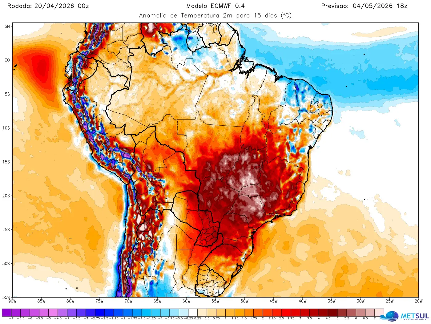 Mapa de anomalia de temperatura do modelo europeu mostra o calor no Brasil