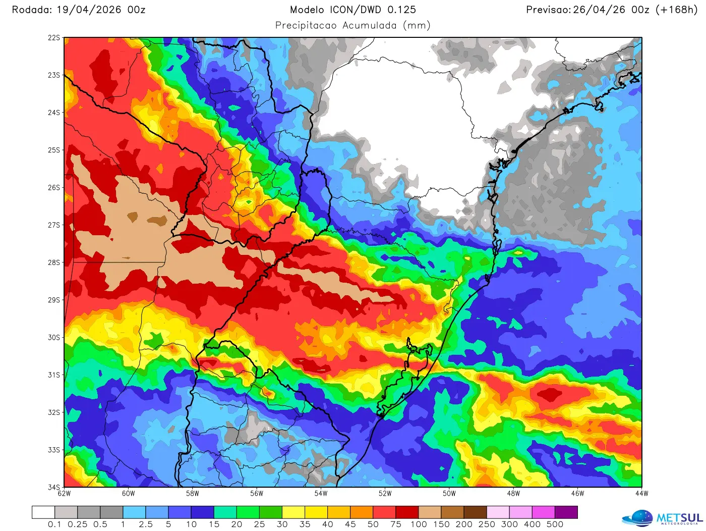 Mapa de chuva com a frente fria