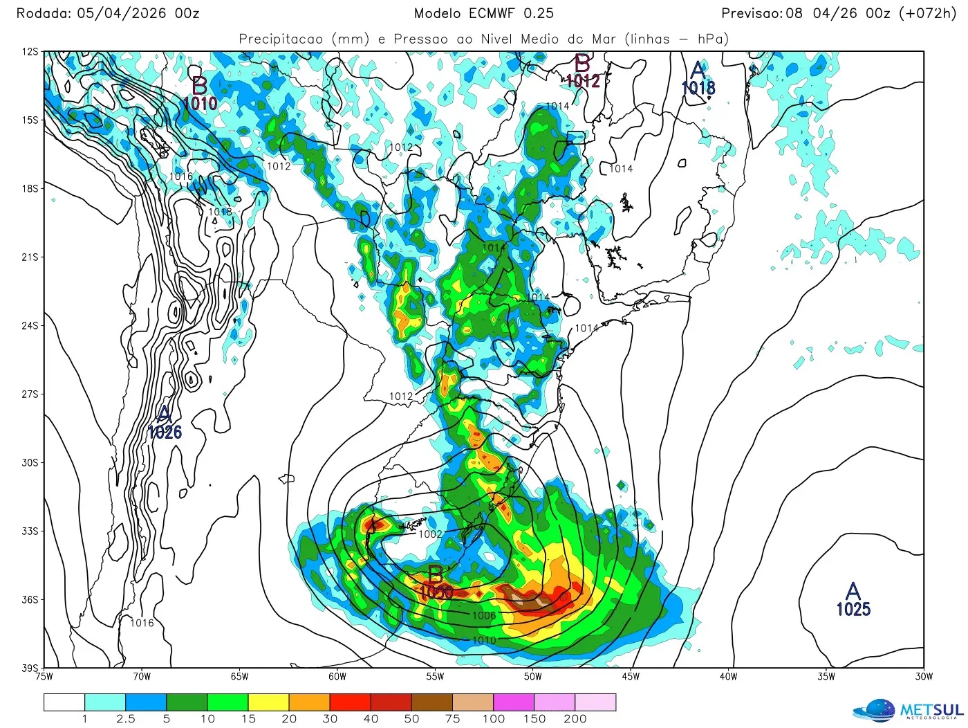 Mapa do modelo europeu mostra um ciclone sobre o Sul do Uruguai na terça
