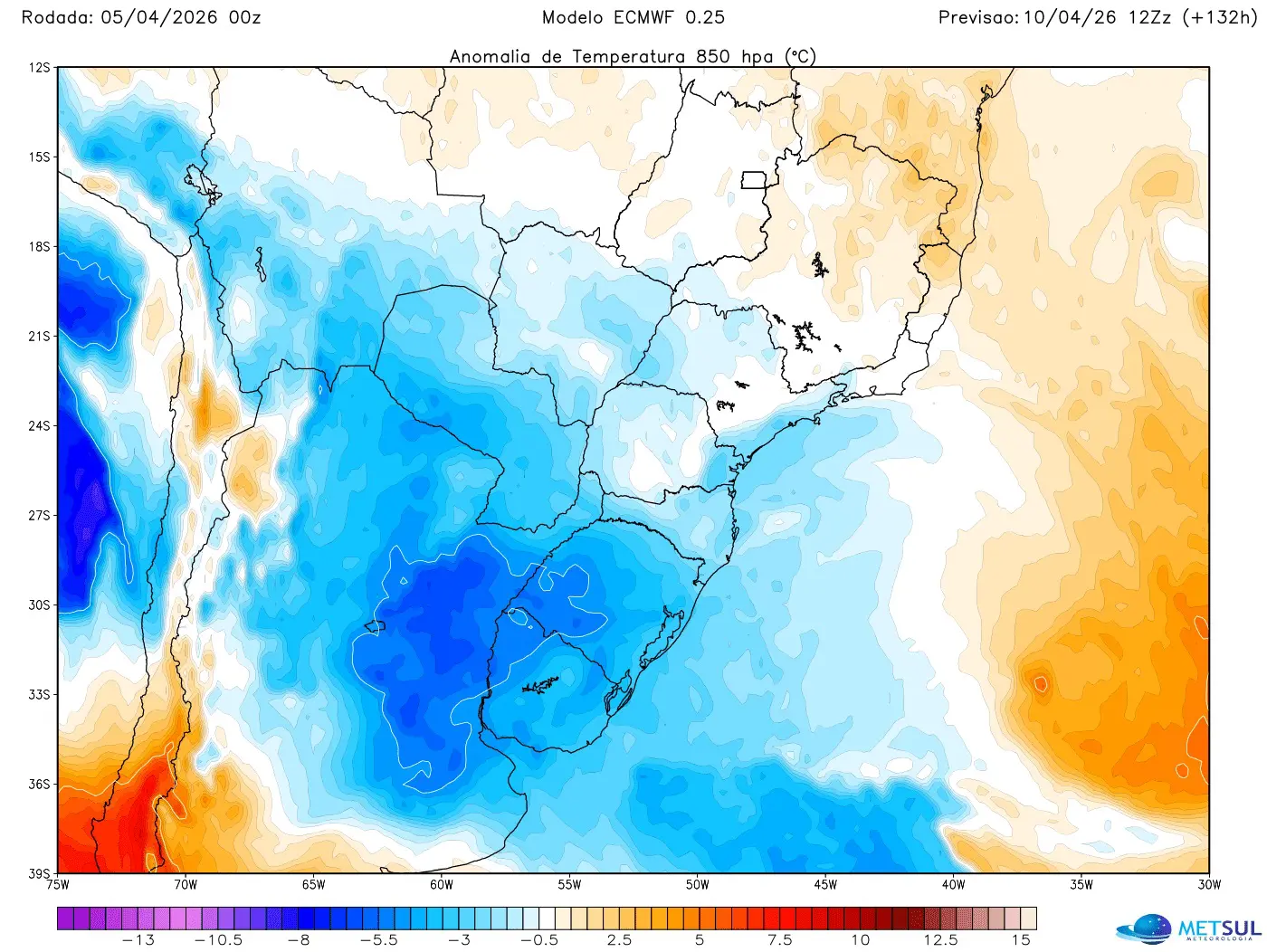 Mapa do modelo europeu mostra que ar mais frio vai avançar pelo Centro-Sul do Brasil com marcas mais agradáveis nesta semana