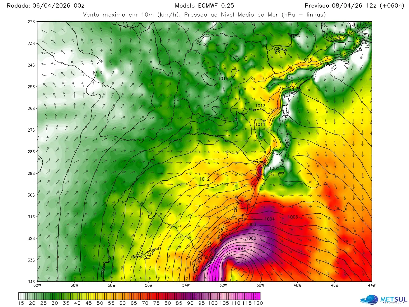 Projeção do modelo europeu de vento pelo ciclone para a manhã de quarta-feira