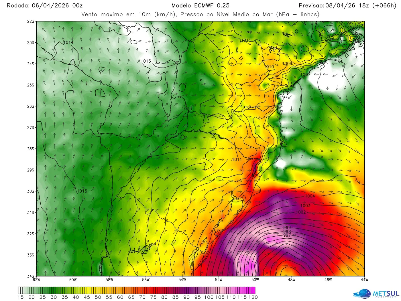 Projeção do modelo europeu de vento pelo ciclone para a tarde de quarta-feira