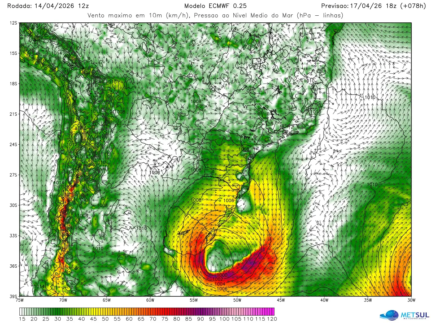 Mapa de vento do ciclone