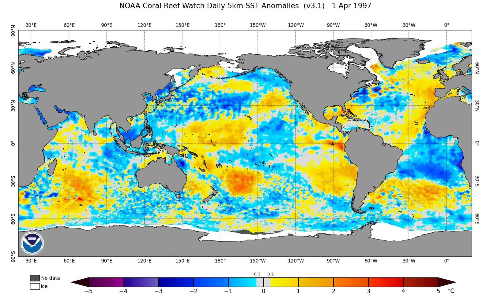 Mapa de anomalia de temperatura da superfície do mar em 1/4/1997 antes do Super El Niño de 1997-1998