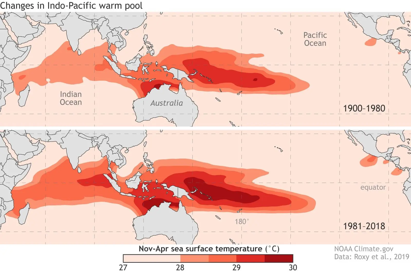 Mapas das piscinas de água quente no Indo-Pacífico
