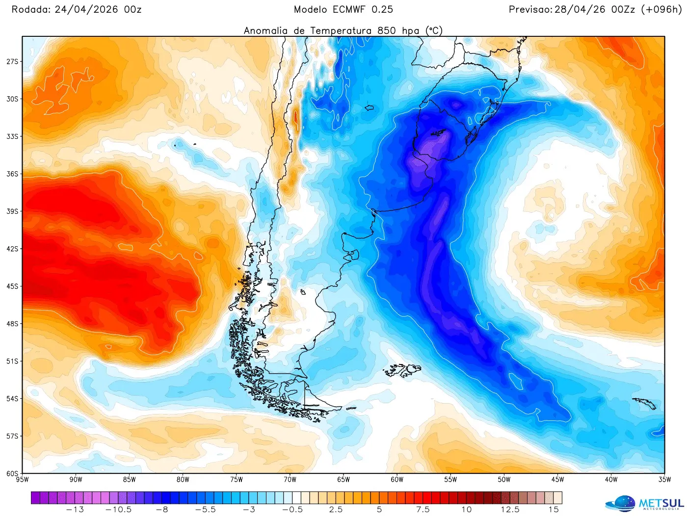 Mapa mostra avanço do ar frio