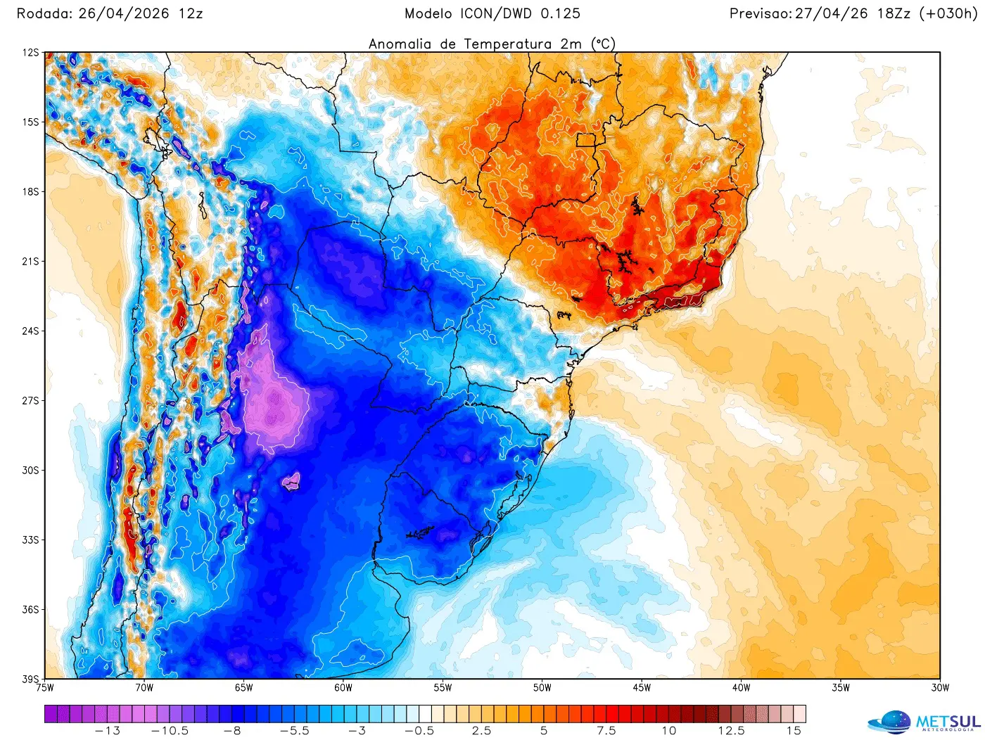 Mapa de temperatura no Centro-Sul do Brasil