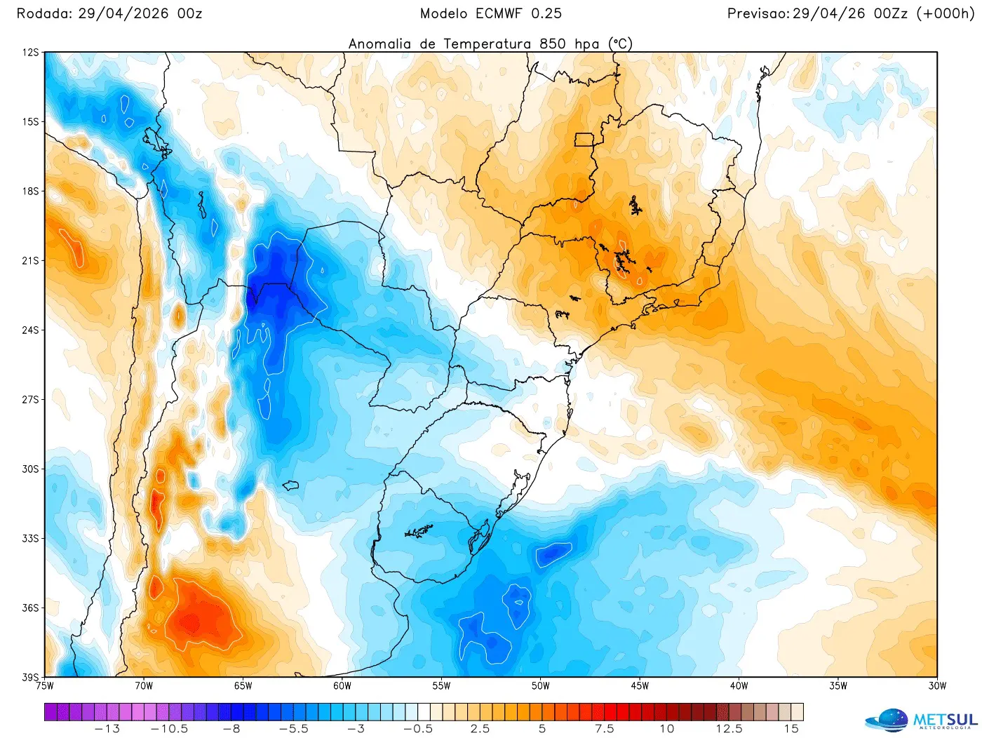 Mapa do modelo europeu mostra massa de ar frio atuando no Sul enquanto massa de ar quente traz calor no Centro do Brasil