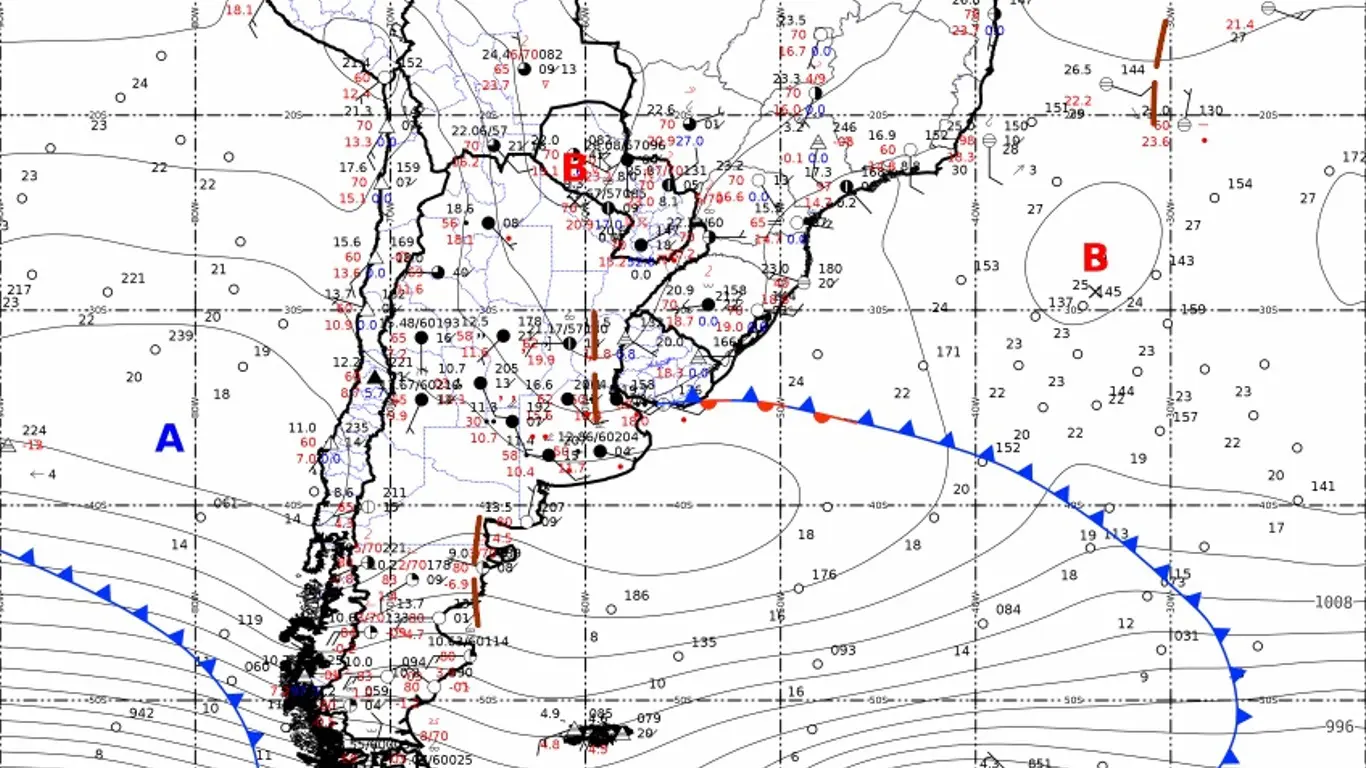Carta sinótica mostra frente fria e baixa pressão