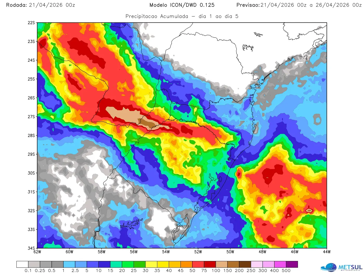 Mapa de chuva pela frente fria