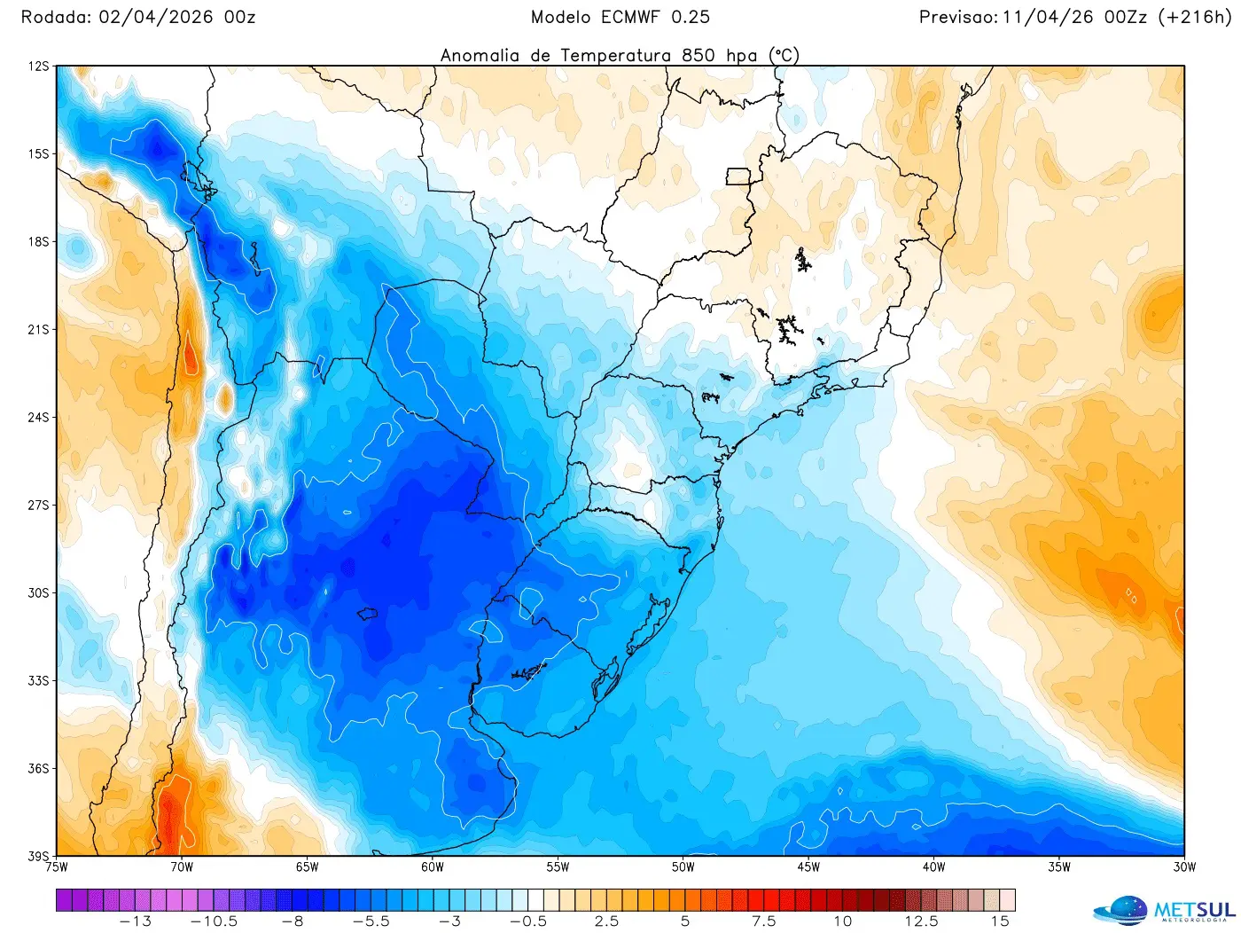 Mapa do modelo europeu mostra massa de ar frio
