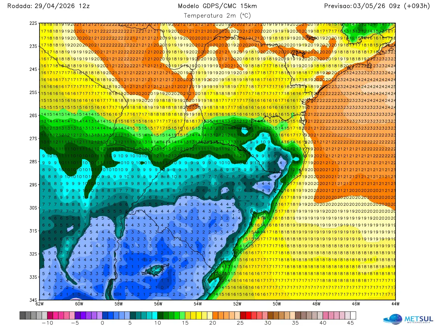 Mapa de temperatura do modelo canadense