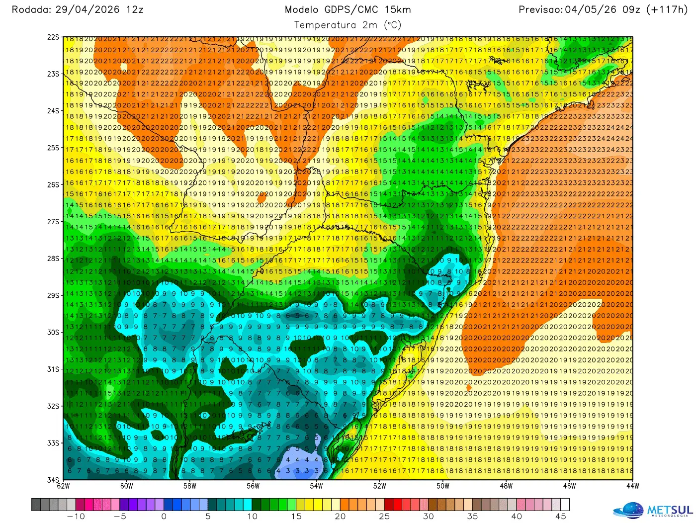Mapa de temperatura do modelo canadense