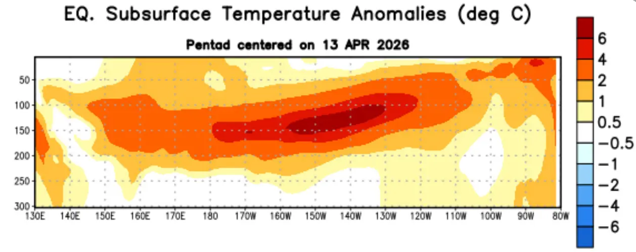 Mapa de temperatura da sub-superfície do Pacífico que mostra nascimento do El Niño