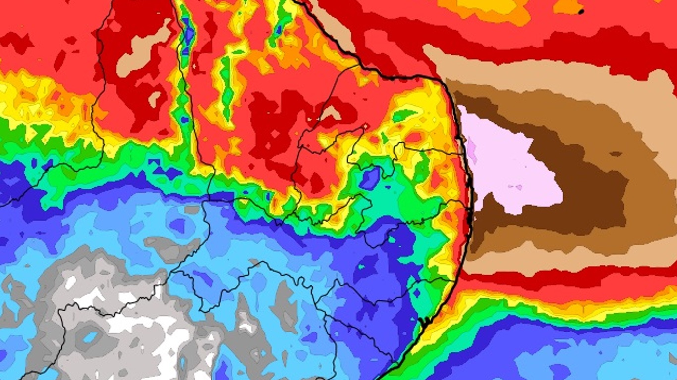 Cenário de perigo por chuva excessiva no Nordeste do Brasil Volumes muito altos de chuva são previstos para esta semana em parte do litoral do Nordeste do Brasil com prováveis transtornos