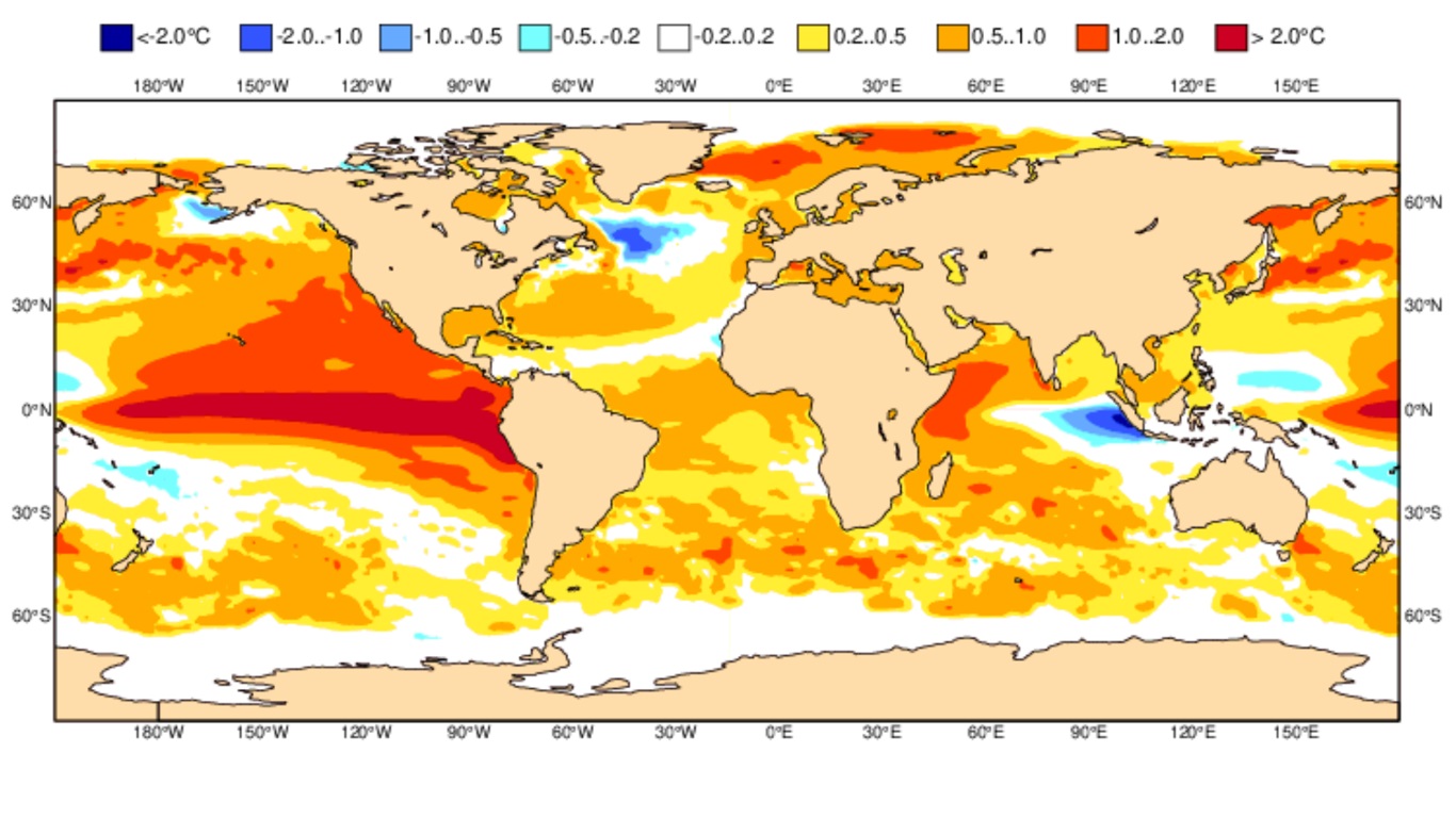Mapa mostra projeção de Super El Niño