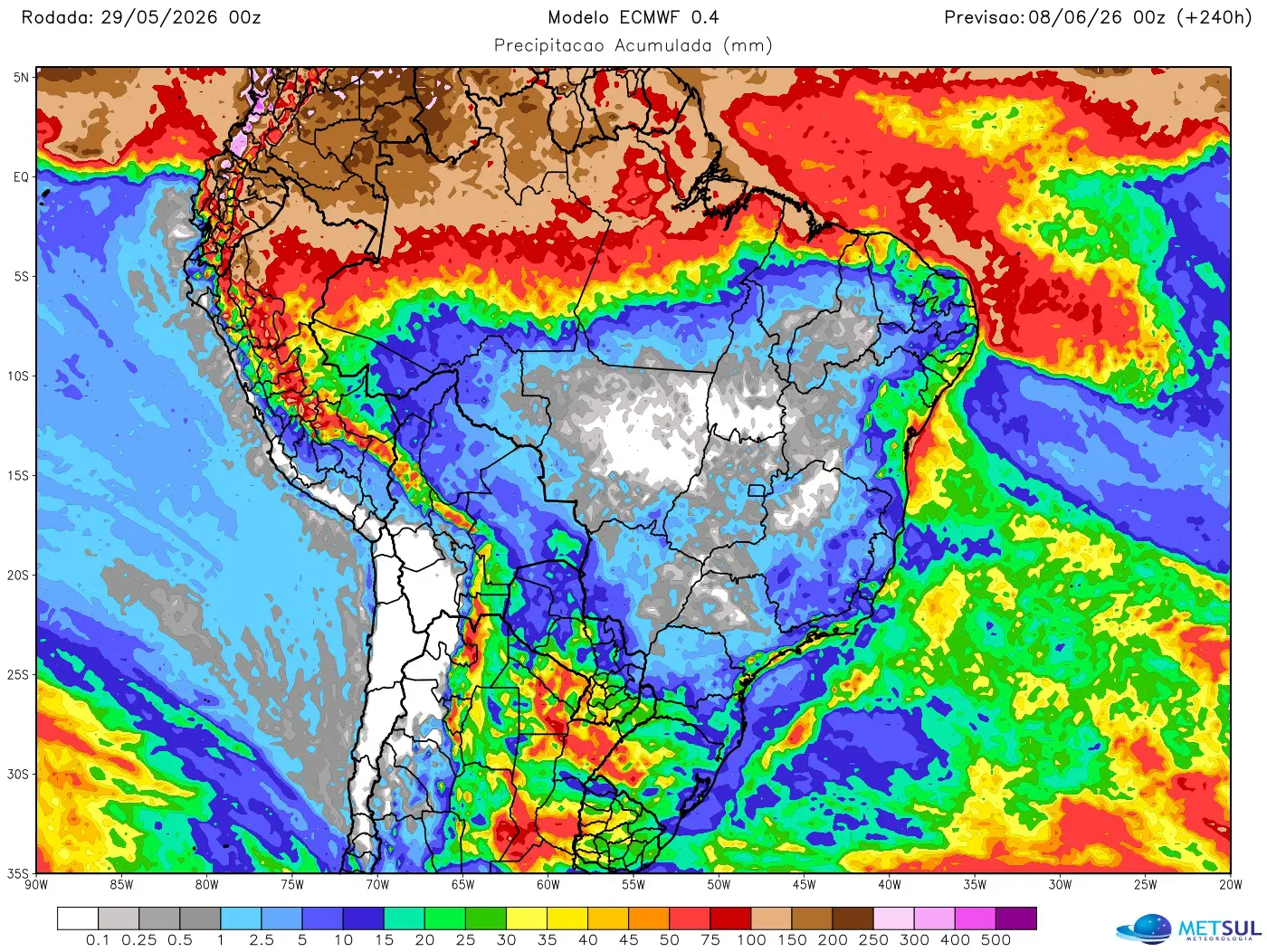 Mapa de chuva no Brasil nos próximos dez dias