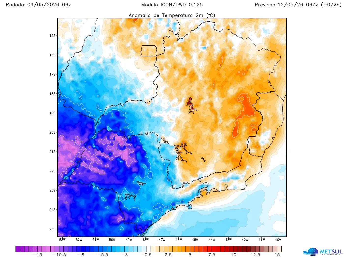 Mapa de temperatura do Sudeste do Brasil mostra frio em São Paulo