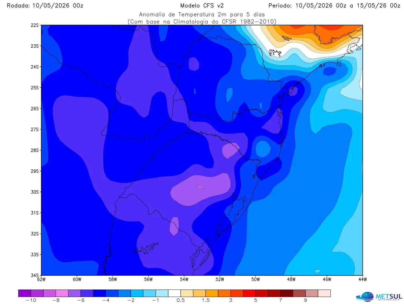 Mapa de frio para os próximos cinco dias do modelo CFS