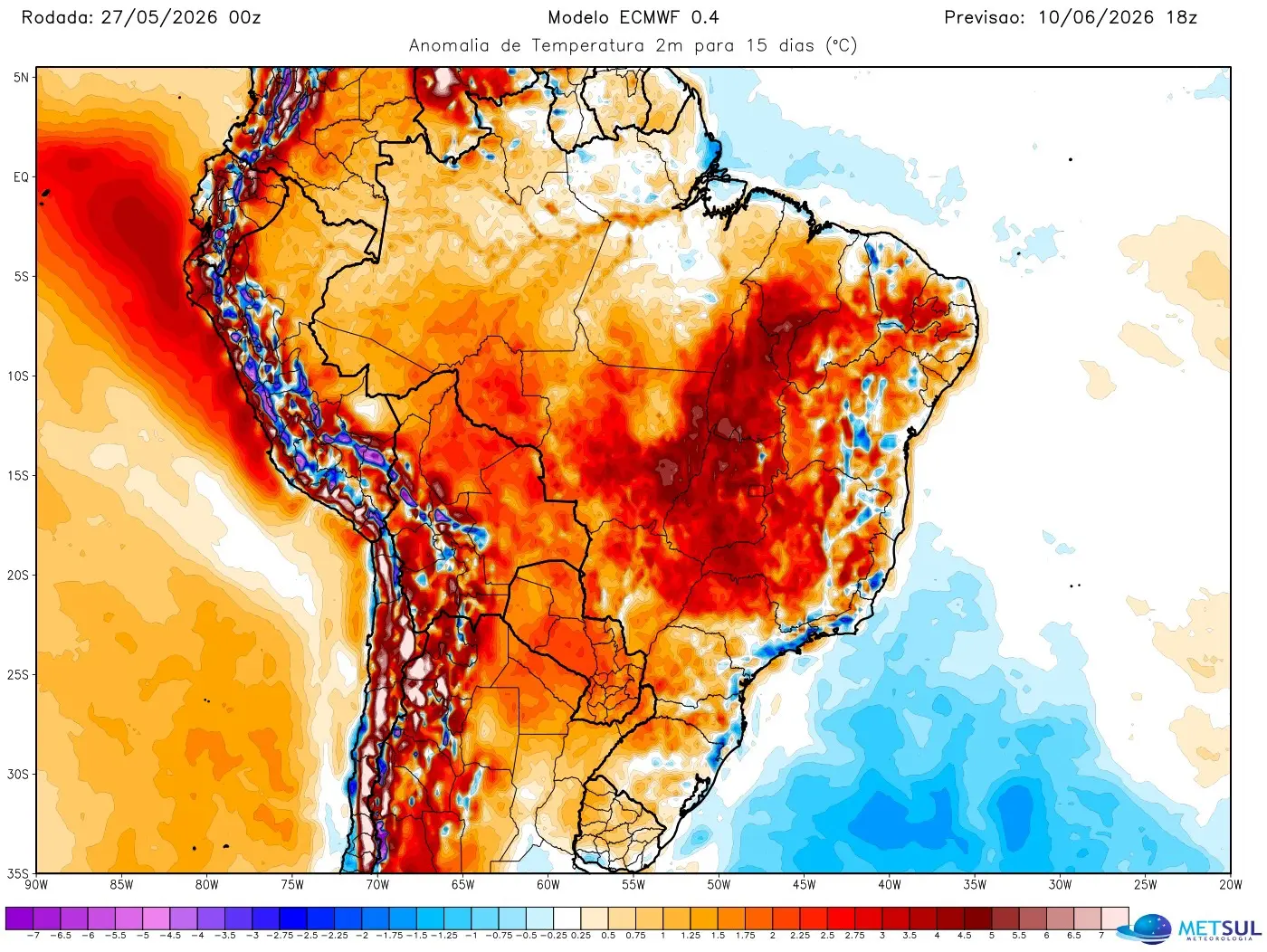 Mapa de temperatura no Brasil para 15 dias