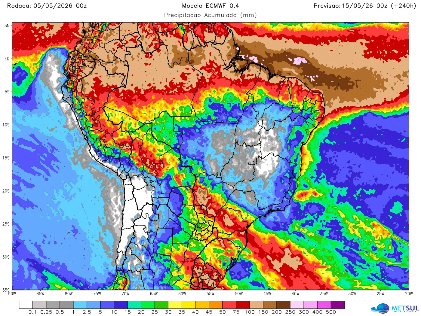Mapa de chuva para dez dias no Brasil