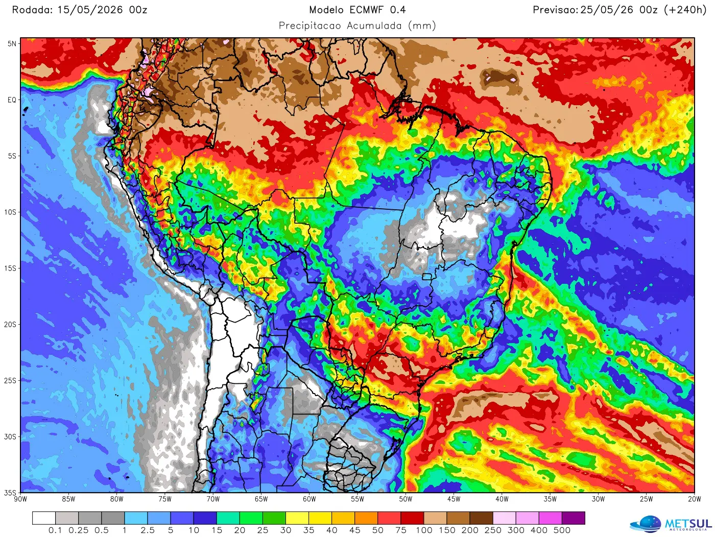 Mapa de chuva para dez dias no Brasil