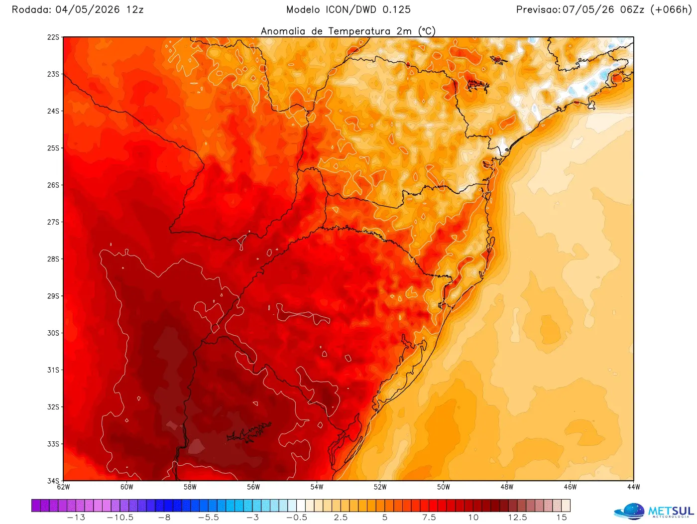 Mapa de temperatura em episódio quente que não caracteriza veranico