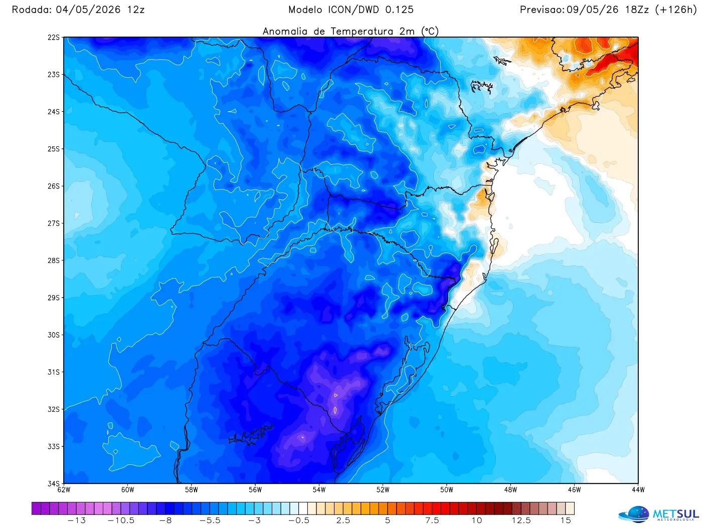 Mapa de temperatura do modelo Icon sob massa de ar frio