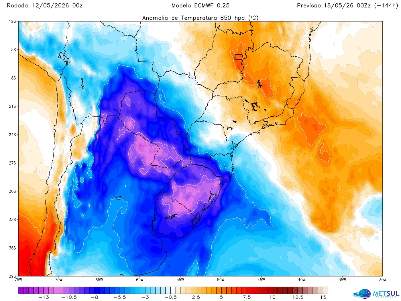 Mapa mostra nova massa de ar frio forte em 18 de maio