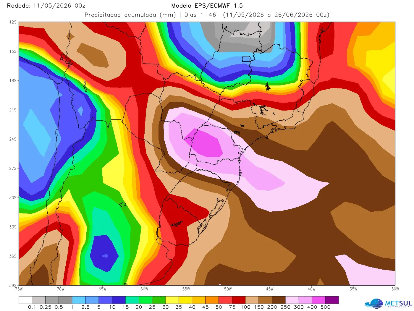Mapa de projeção de chuva para 45 dias