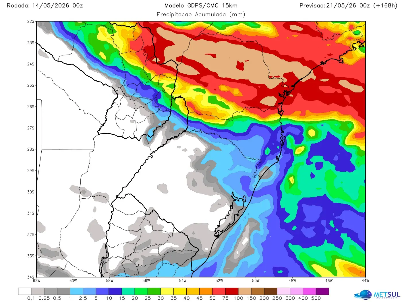 Projeção de chuva com a frente fria