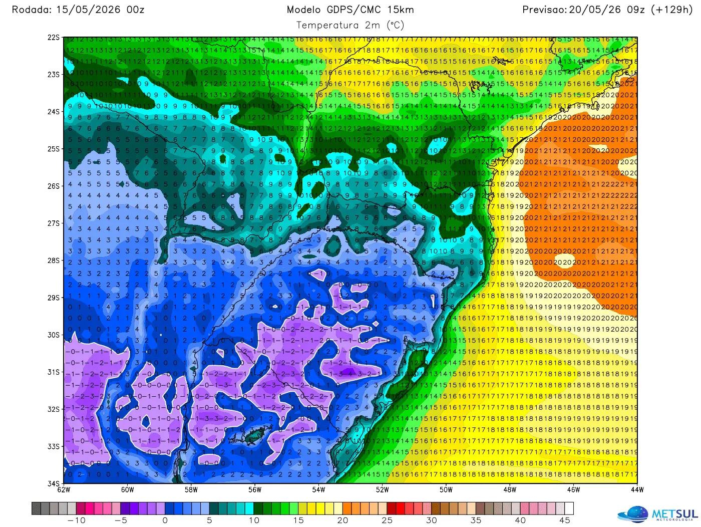 Projeção de temperatura ao amanhecer do modelo canadense para quarta