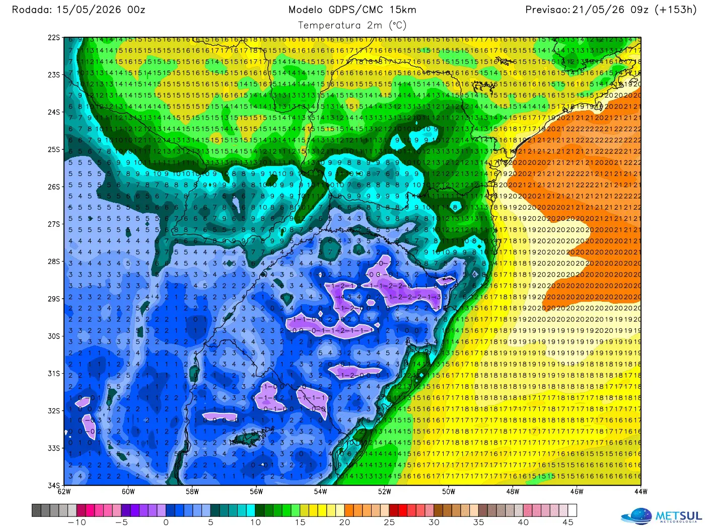 Projeção de temperatura ao amanhecer do modelo canadense para quinta