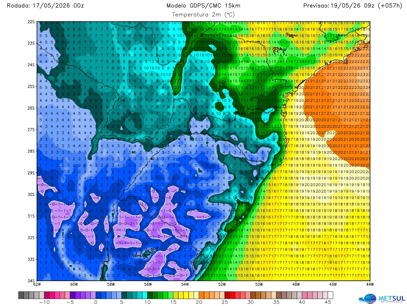 Mapa de temperatura com a massa de ar frio