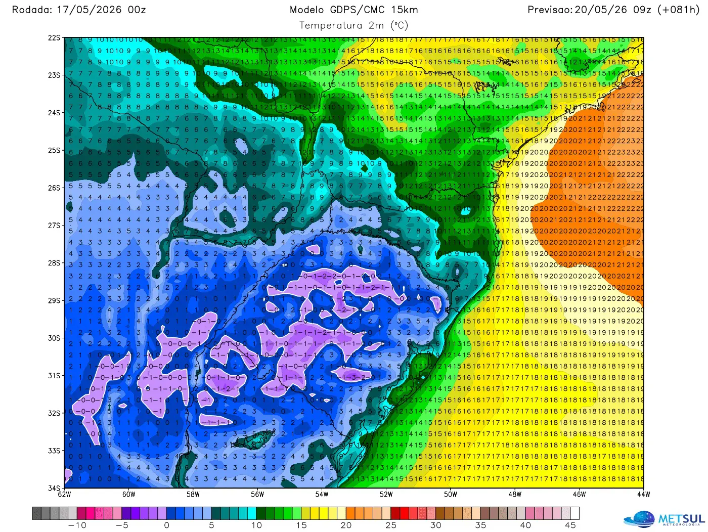 Mapa de temperatura com a massa de ar frio