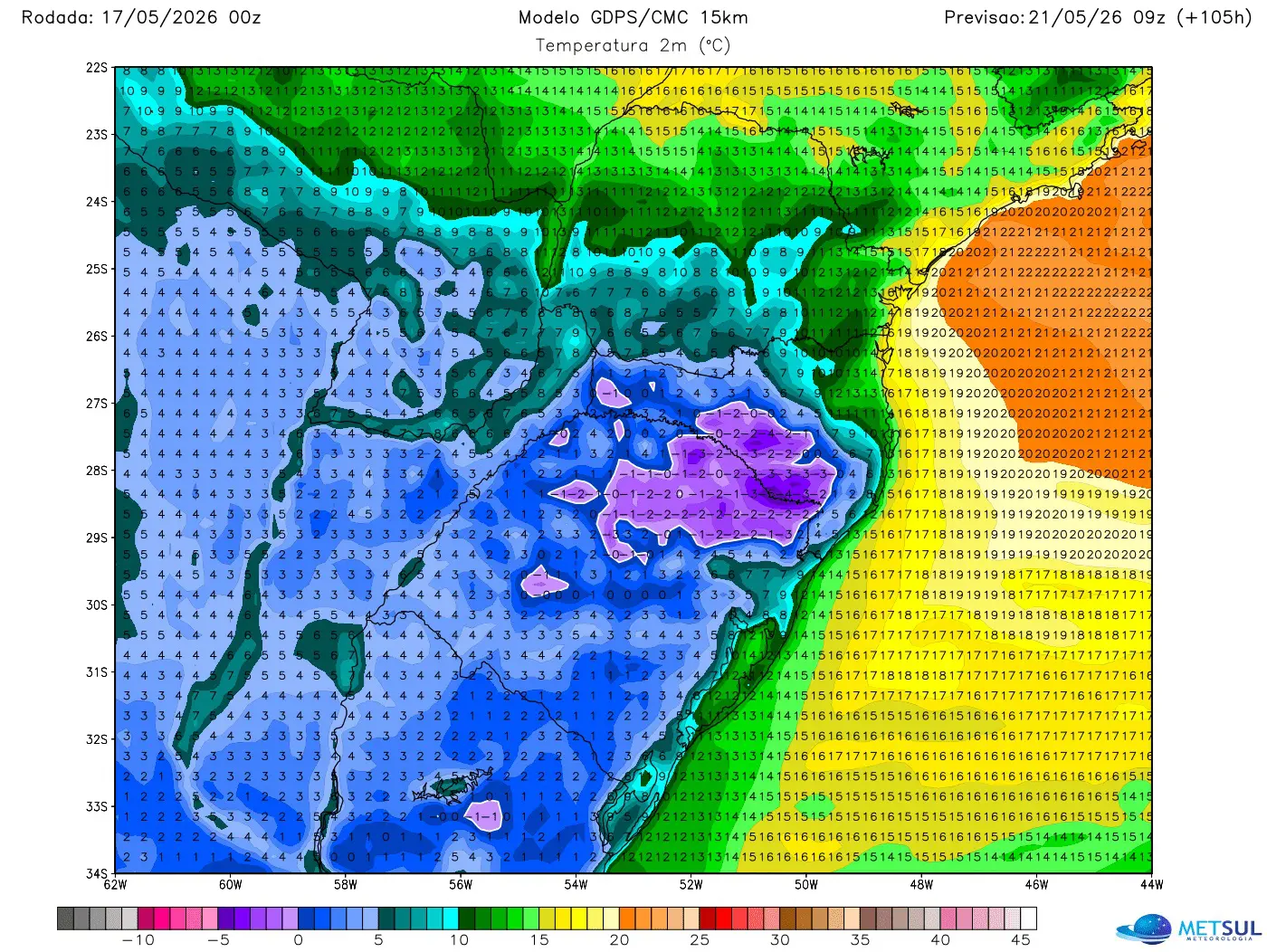 Mapa de temperatura com a massa de ar frio