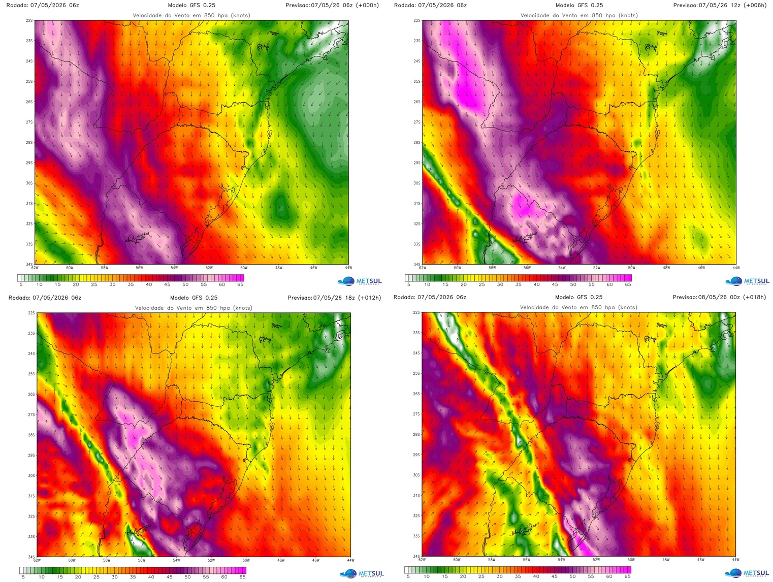 Mapas mostram a projeção de vento a 1500 metros de altitude com a muito intensa corrente de jato em baixos níveis que precede a frente fria