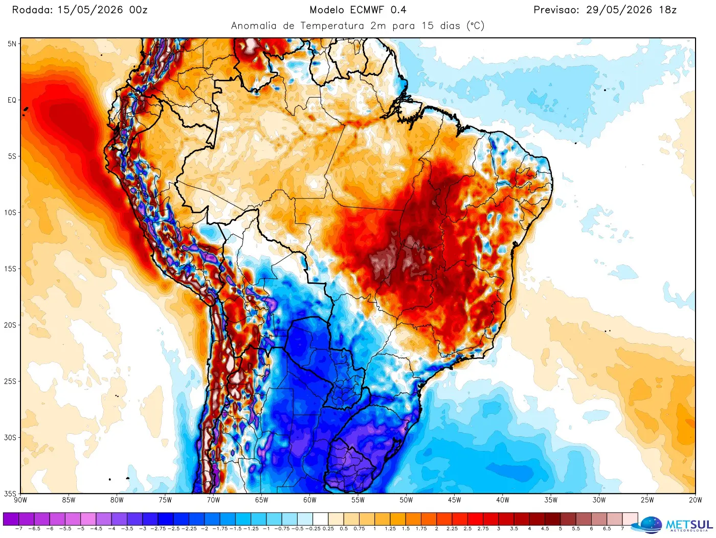 Mapa mostra projeção do modelo europeu indica temperatura abaixo a muito abaixo da média no Sul do Brasil nos próximos 15 dias